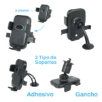 Soporte giratorio para celular en color negro, con base adhesiva y gancho, mostrando dos tipos de montaje y mecanismo de presión para fijación.