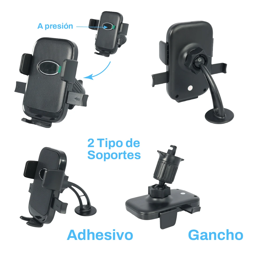 Soporte giratorio para celular en color negro, con base adhesiva y gancho, mostrando dos tipos de montaje y mecanismo de presión para fijación.