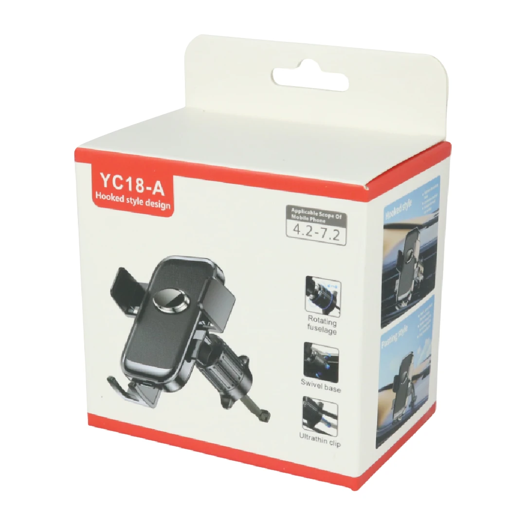 Pack de dos soportes giratorios para coche modelo YC18, con base magnética y clip universal, en caja blanca con detalles rojos.