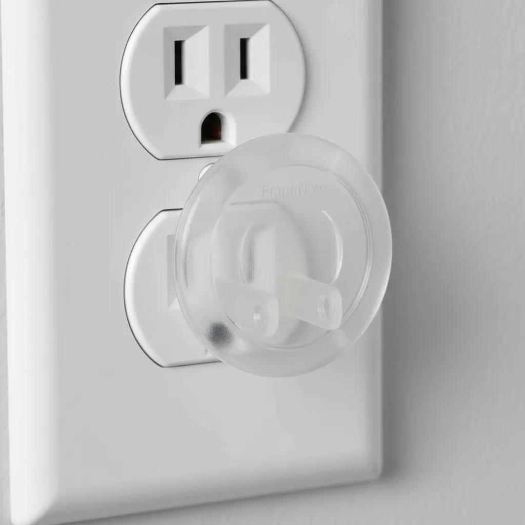 Tapón protector enchufe transparente instalado en toma eléctrica blanca, con diseño circular y mecanismo de bloqueo visible, ideal para seguridad infantil.