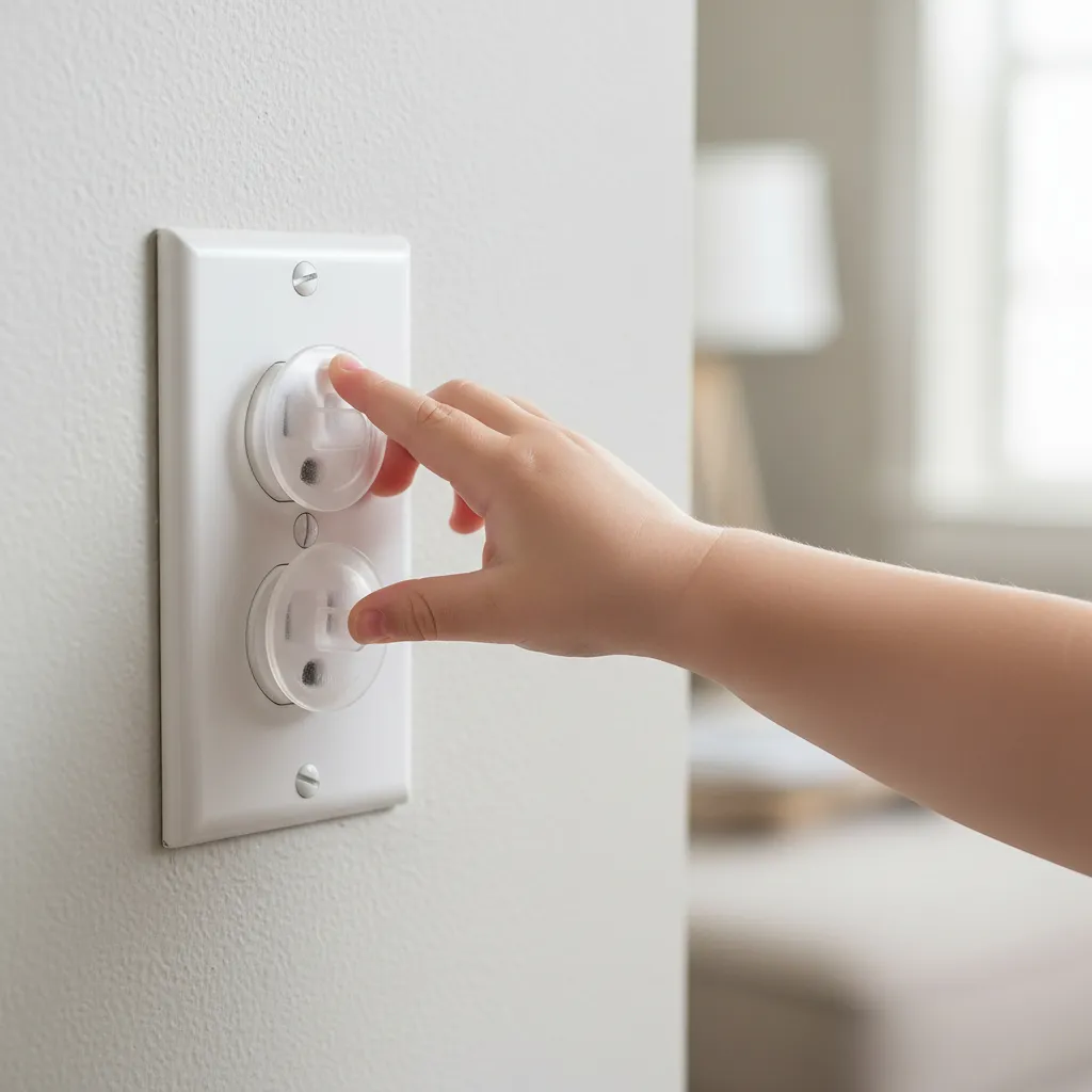 Mano infantil tocando tapón protector enchufe transparente instalado en toma eléctrica blanca, pared interior, uso doméstico para seguridad infantil.