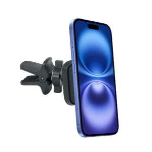 Soporte magnético negro para celular, con pinza de aire acondicionado y teléfono azul montado en posición vertical.