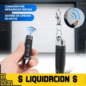 Control remoto de garaje negro con cuatro botones, diseño compacto y llavero metálico. Muestra conexión por infrarrojo y cifrado de datos.