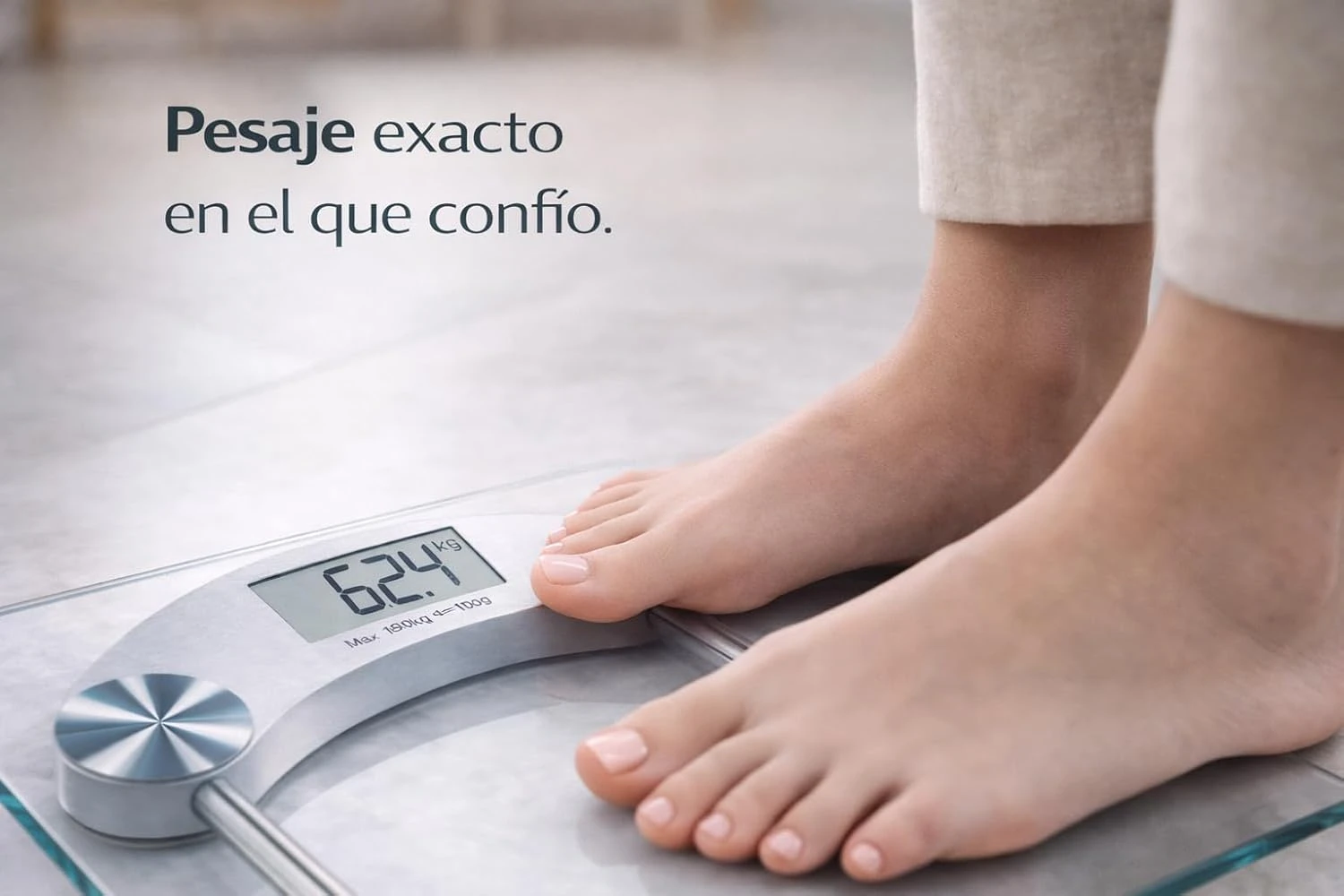 Báscula de baño electrónica cuadrada con pantalla digital mostrando 62.4 kg, pies descalzos sobre superficie de cristal templado, diseño minimalista en tonos plateados y grises.