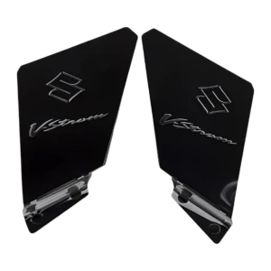 Defensas laterales en acero inoxidable para Suzuki V-Strom 650 Abs, acabado negro brillante con logotipo grabado.