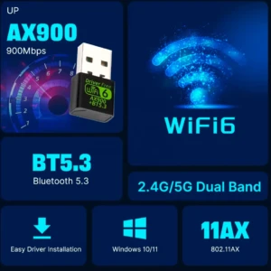 Adaptador USB WiFi 6 AX900 en color negro con etiqueta verde, acompañado de iconos que indican compatibilidad con Bluetooth 5.3, doble banda 2.4G/5G y sistema operativo Windows 10/11.