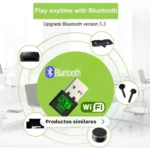 Adaptador USB WiFi 6 AX900 con Bluetooth 5.3, mostrando el dispositivo en primer plano junto a íconos de compatibilidad con auriculares, teclado y laptop.