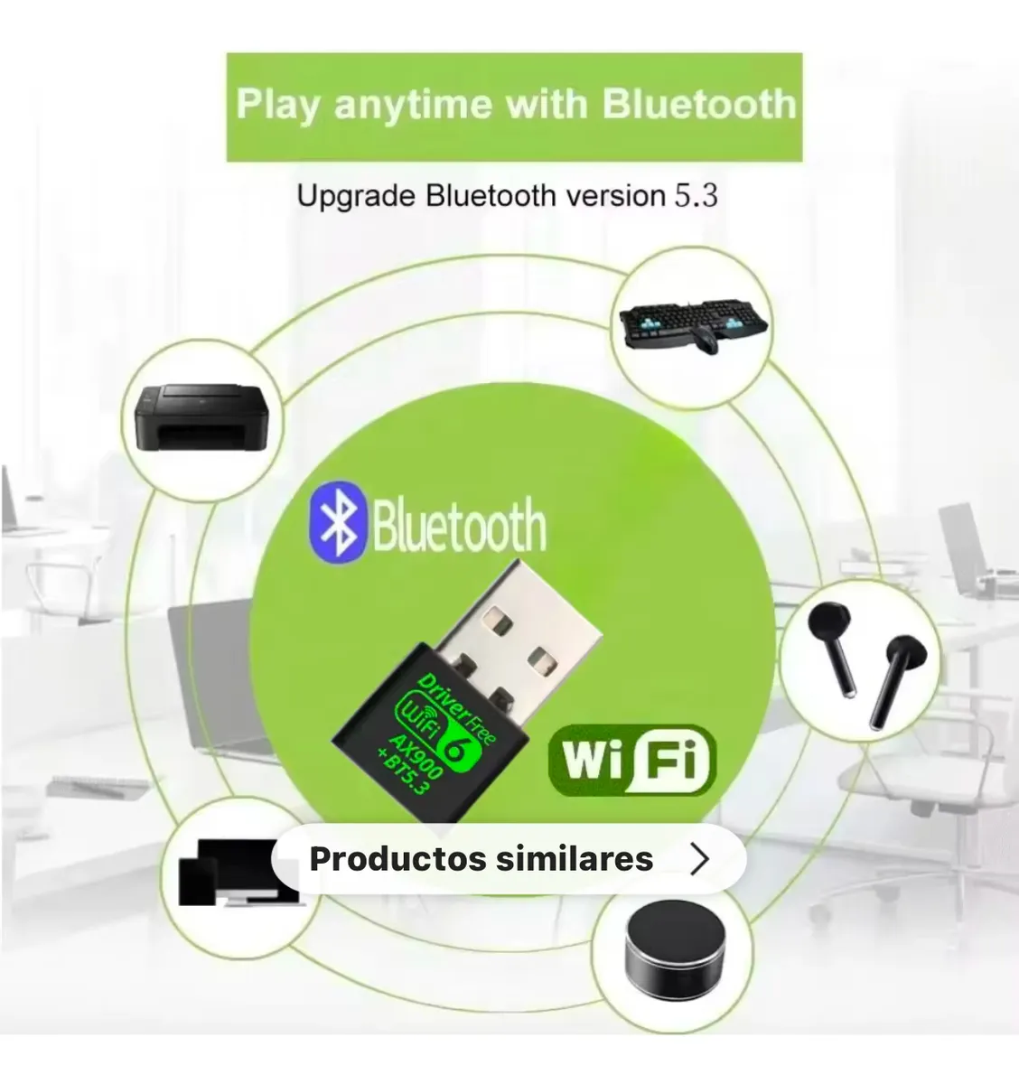 Adaptador USB WiFi 6 AX900 con Bluetooth 5.3, mostrando el dispositivo en primer plano junto a íconos de compatibilidad con auriculares, teclado y laptop.