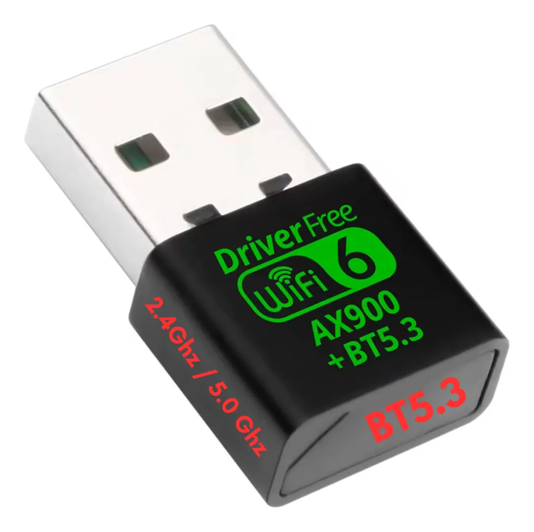 Adaptador USB WiFi 6 AX900 con Bluetooth 5.3, cuerpo negro con texto verde y rojo, muestra conectividad 2.4 GHz y 5.0 GHz.