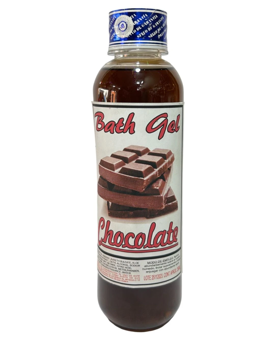 Botella de gel corporal de chocolate con etiqueta que muestra barras de chocolate y texto en rojo sobre fondo blanco.