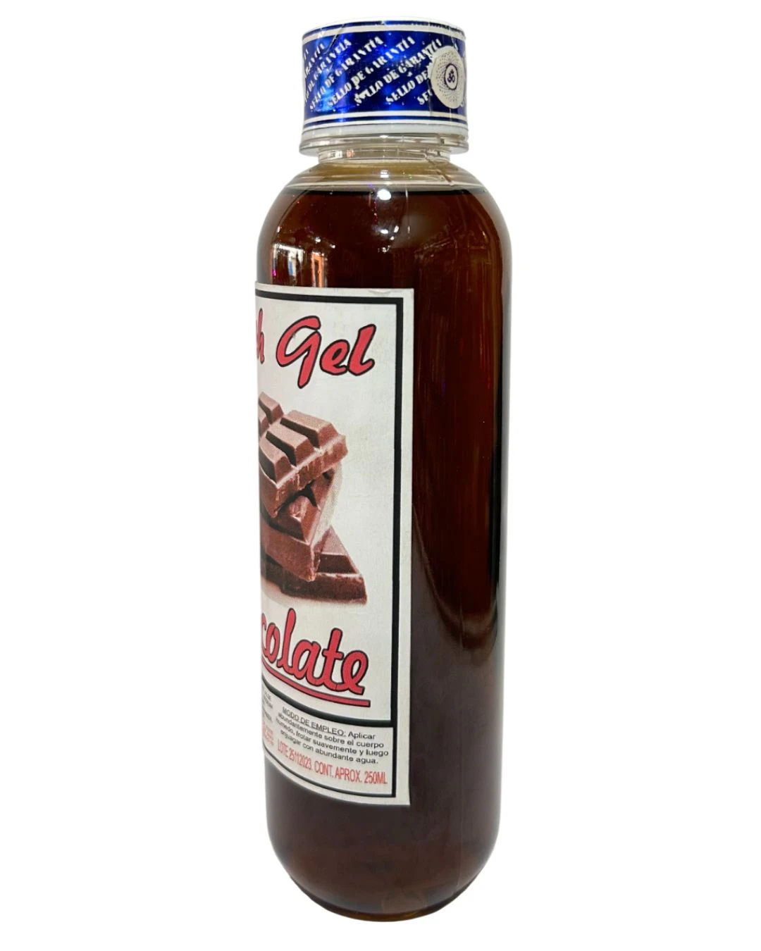 Botella de gel corporal de chocolate en presentación transparente con etiqueta blanca y tapa azul, mostrando textura viscosa y trozos de chocolate en la etiqueta frontal.