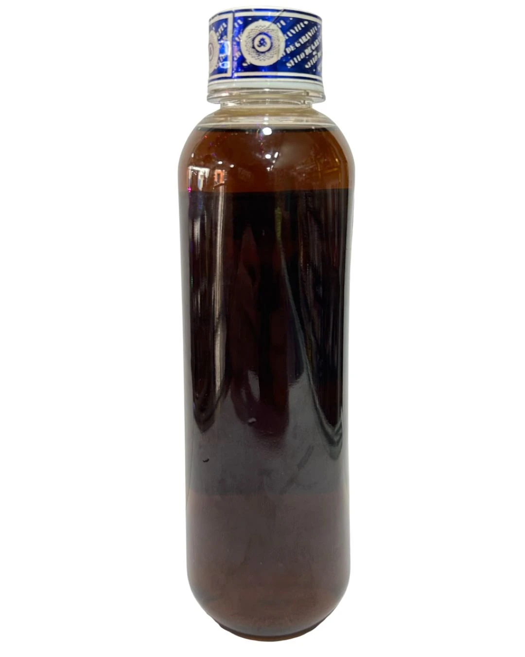 Botella de vidrio con gel corporal de chocolate, líquido marrón oscuro, tapa azul con etiqueta circular.