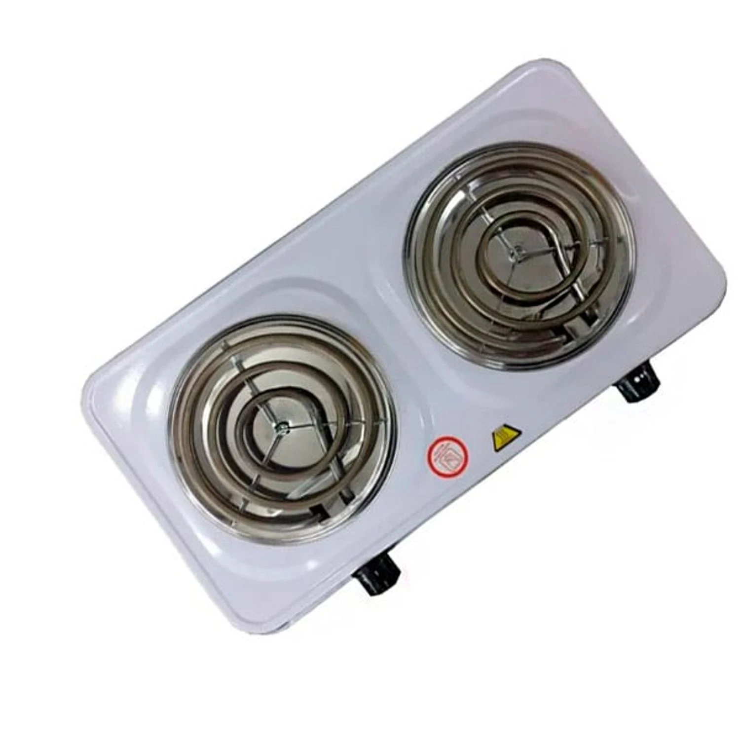 Fogón eléctrico blanco con dos quemadores de espiral metálica, controles laterales y etiquetas de advertencia visibles.