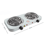 Fogón eléctrico de dos quemadores independientes en color negro, mostrando controles de calor y superficie lisa para cocinar dos platos simultáneamente.
