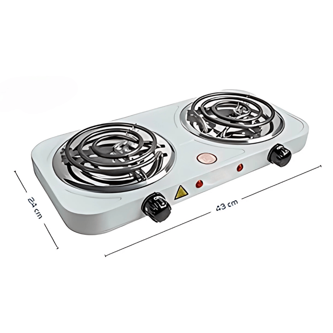 Fogón eléctrico de dos quemadores independientes en color negro, mostrando controles de calor y superficie lisa para cocinar dos platos simultáneamente.