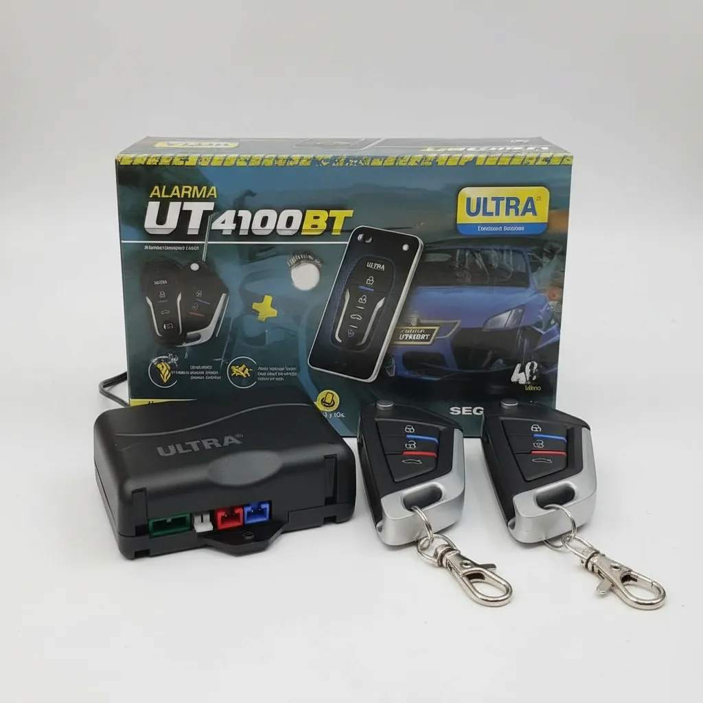 Alarma Bluetooth UT4100BT Ultra en caja con dos controles remotos y módulo principal negro, sobre fondo blanco.