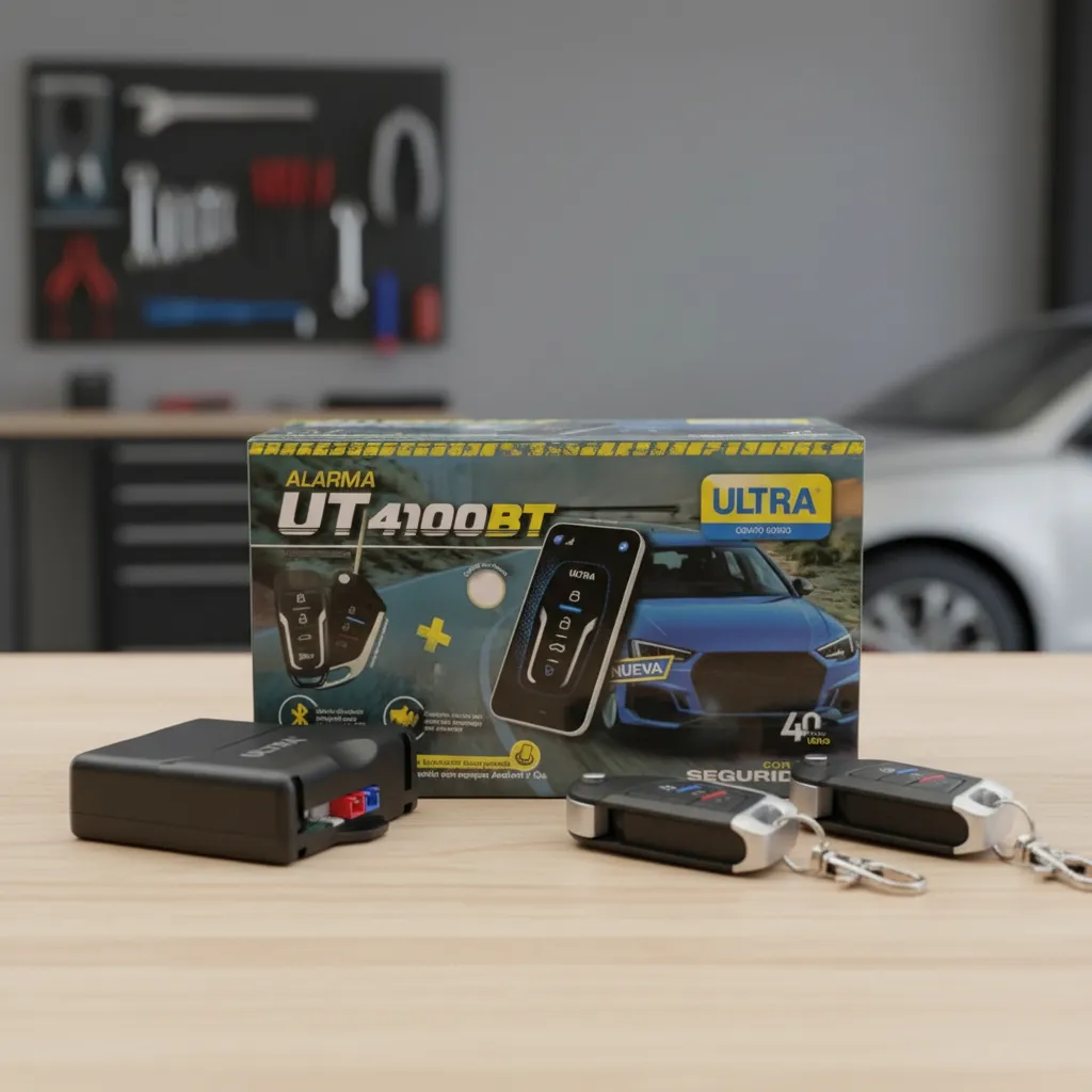 Alarma Bluetooth UT4100BT en caja con dos controles remotos y receptor negro sobre mesa de madera, fondo taller con herramientas y auto blanco desenfocado.