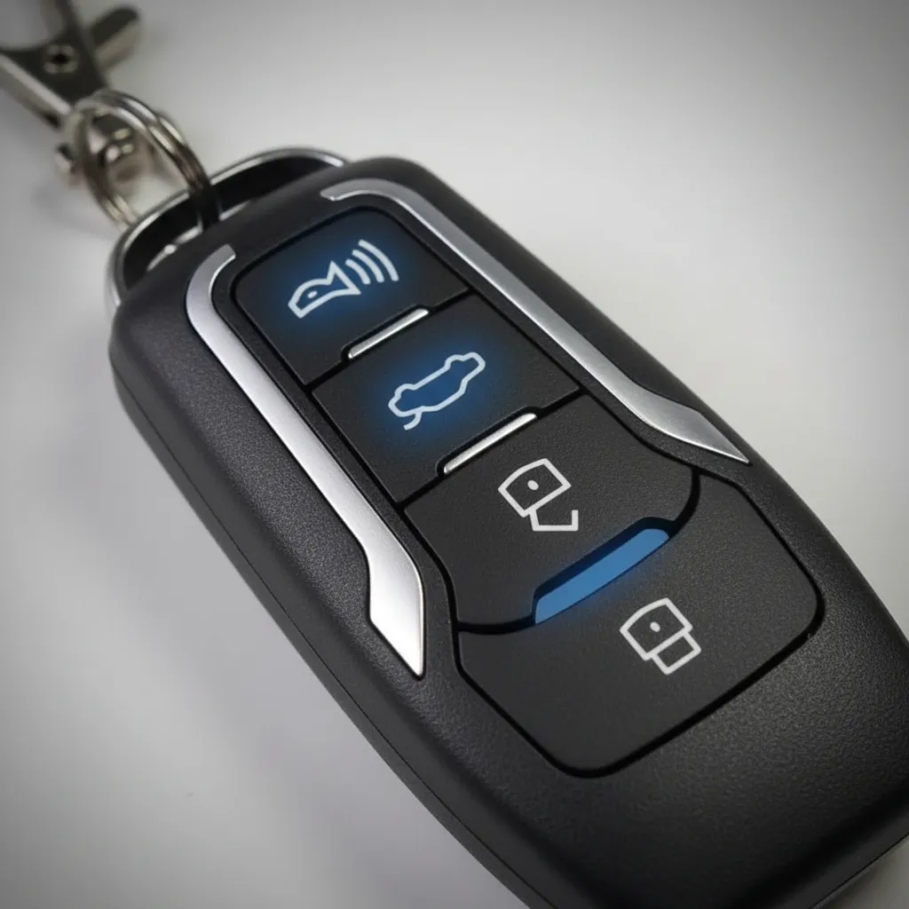 Llave remota negra con cuatro botones iluminados en azul para control remoto de alarma y localización de vehículo.