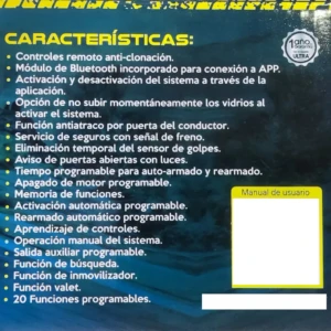 Lista de características técnicas de alarma Bluetooth UT4100, fondo azul oscuro con texto blanco y amarillo, sello de garantía en esquina superior derecha.