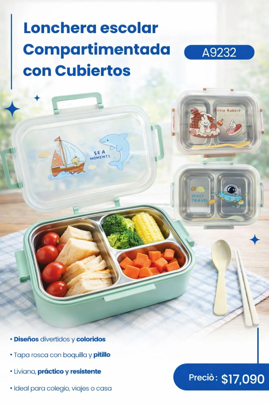 Lonchera escolar de acero inoxidable en color menta, con tapa transparente decorada con barco y delfín. Incluye tres compartimentos con alimentos: tomates, pan, brócoli, maíz y zanahorias. Acompañada de cubiertos de madera y dos variantes de diseño en la parte superior.