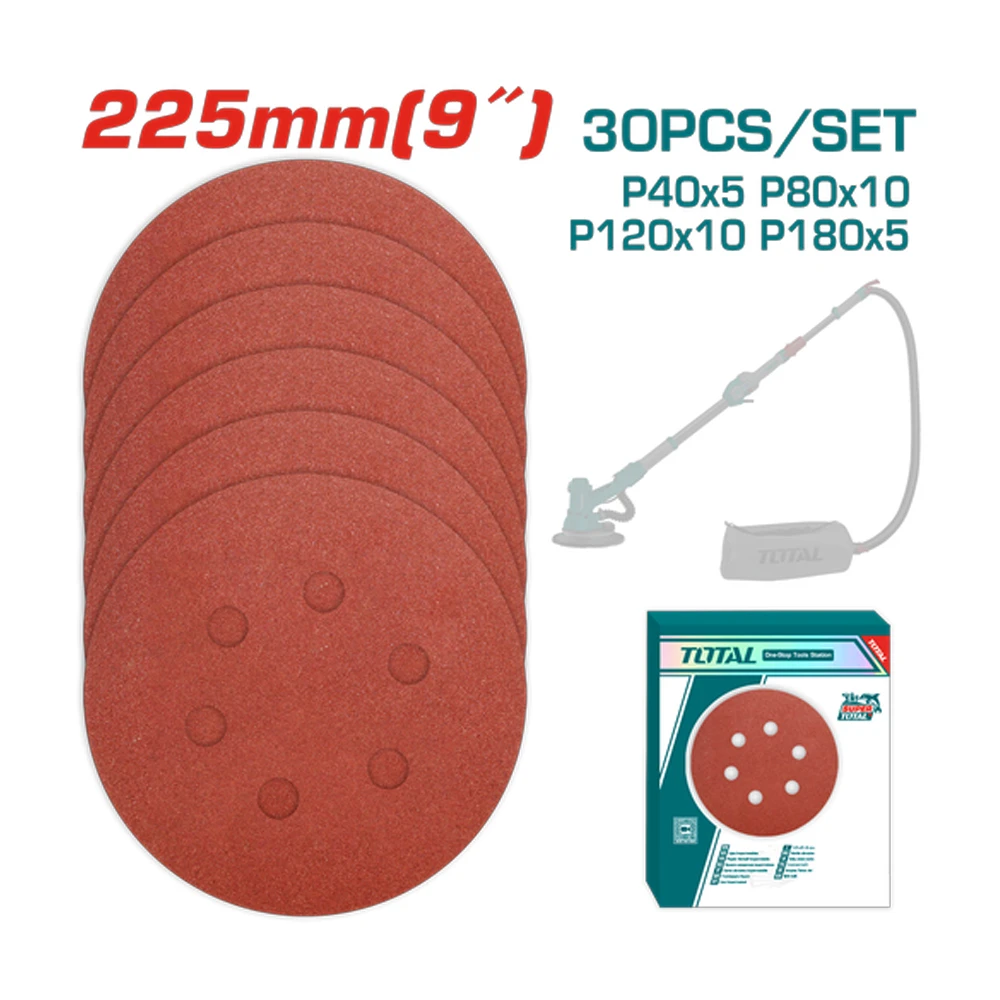 Juego de 30 lijas de pared de 225 mm (9 pulgadas), granos P40, P80, P120 y P180, con disco de 5 pulgadas, empaque Total, incluye soporte de lija.