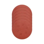 Juego de lijas de pared redondas de 5 pulgadas, color rojizo, con orificios centrales para sujeción, apiladas y visibles en vista frontal.
