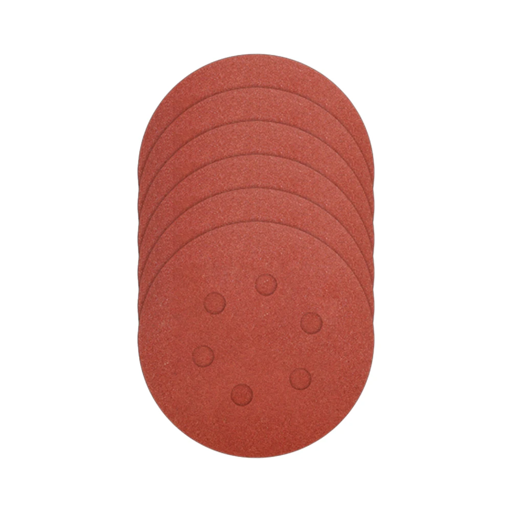 Juego de lijas de pared redondas de 5 pulgadas, color rojizo, con orificios centrales para sujeción, apiladas y visibles en vista frontal.