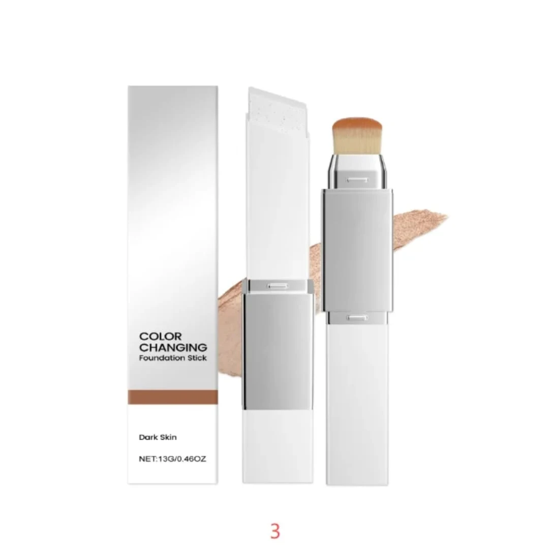 Base líquida vegana con cambio de color, presentación en tubo blanco con aplicador de cerdas y muestra de tono beige claro.