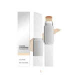 Base hidratante vegana con cambio de color, presentación Ivory White, incluye aplicador de cerdas y muestra de tono.