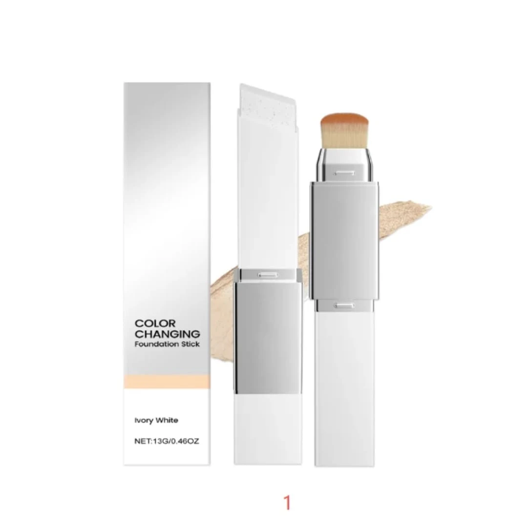 Base hidratante vegana con cambio de color, presentación Ivory White, incluye aplicador de cerdas y muestra de tono.