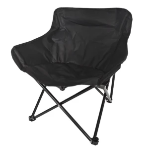 Silla camping plegable de tela negra Oxford, con estructura metálica y patas estabilizadoras, vista frontal en fondo blanco.