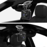 Camara carro 2K con GPS integrado, montada en parabrisas mediante soporte adhesivo, vista frontal y lateral mostrando lente y carcasa negra.