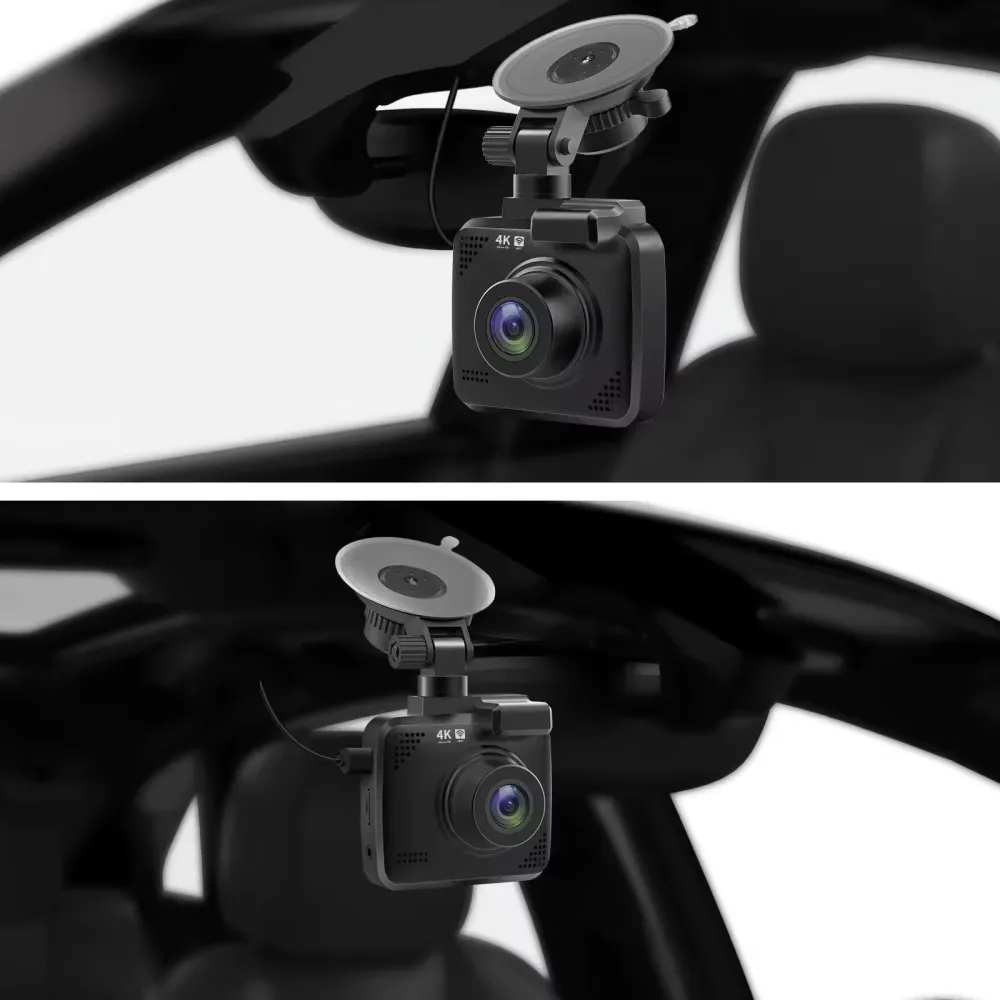 Camara carro 2K con GPS integrado, montada en parabrisas mediante soporte adhesivo, vista frontal y lateral mostrando lente y carcasa negra.