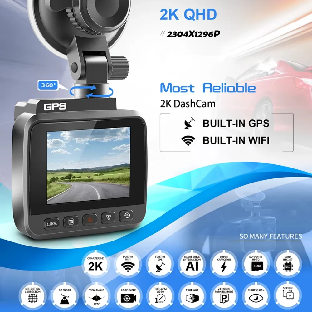 Camara de carro 2K con GPS integrado, pantalla LCD frontal mostrando carretera, diseño compacto negro, incluye conectividad WiFi y grabación en alta definición.
