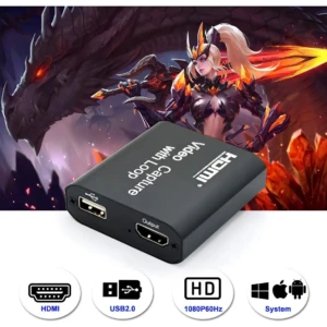 Capturadora de video negra con puerto HDMI y USB, sobre fondo blanco con arte de fantasía al fondo.