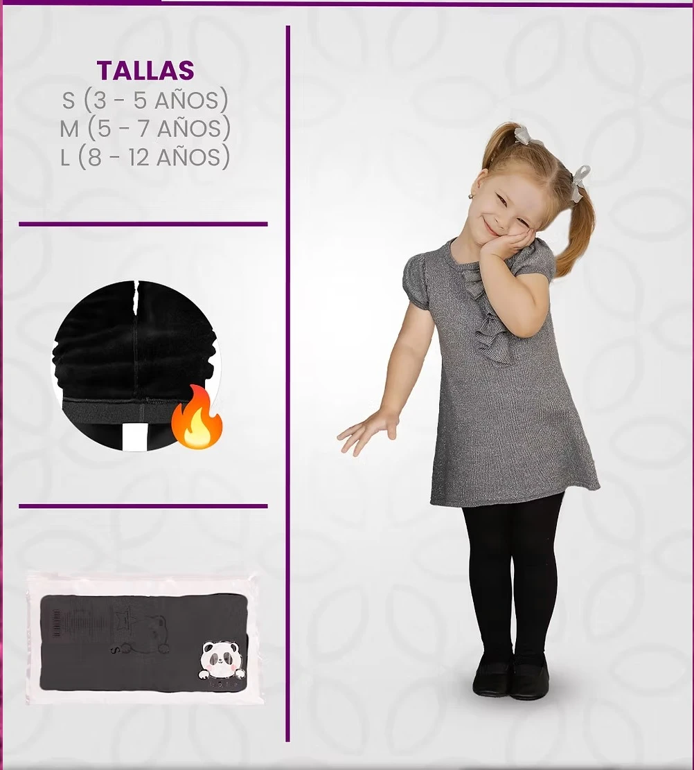 Niña usando vestido gris con medias térmicas negras afelpadas, mostrando comodidad y calidez. Incluye guía de tallas y detalles del producto.
