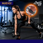 Mujer haciendo ejercicio con mancuernas en gimnasio, mostrando protector de mano ergonómico de silicona negro con textura antideslizante.