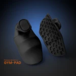 Protector de mano Gym en silicona negra, mostrando vista frontal y planta con textura antideslizante. Diseño ergonómico para reducir fricción y prevenir ampollas.