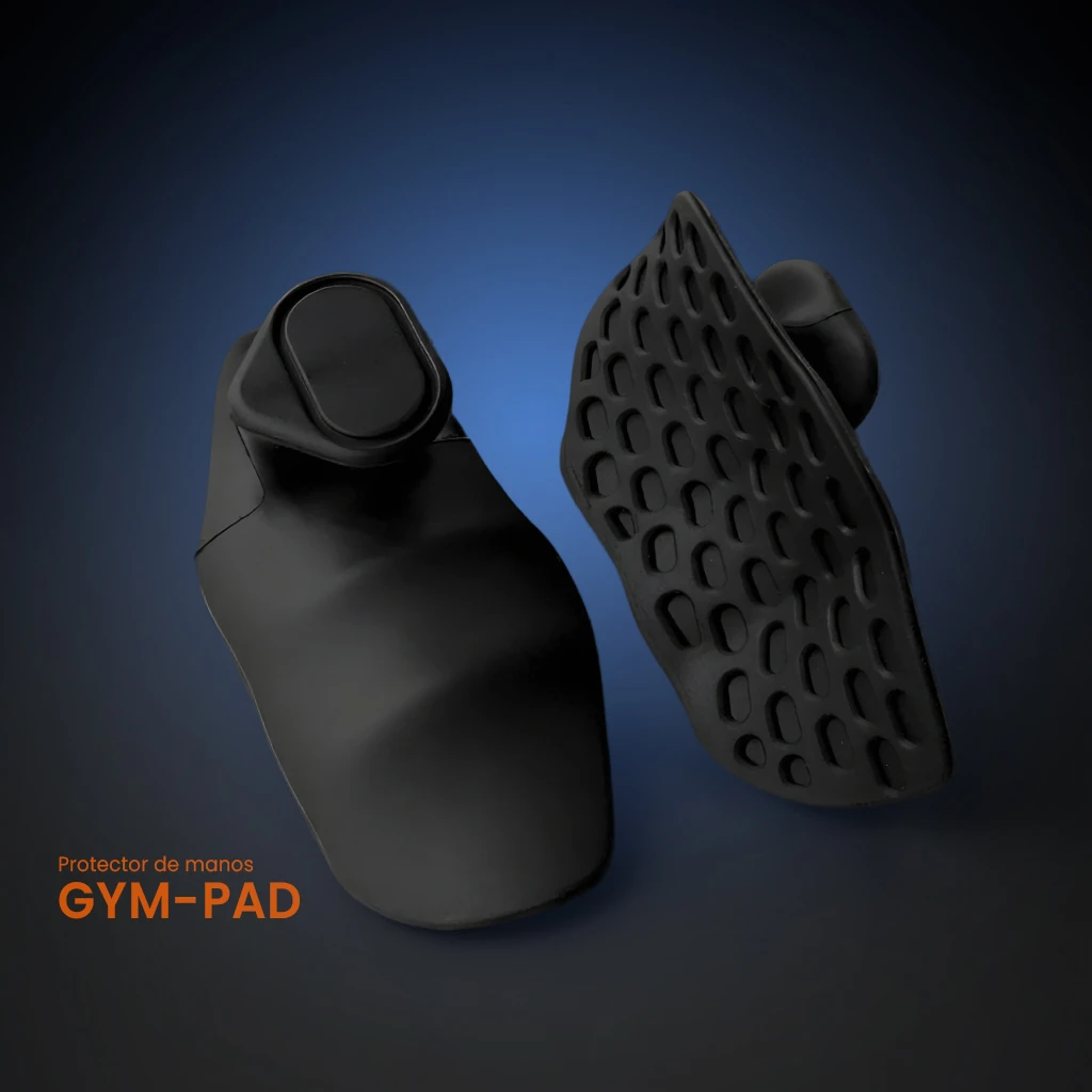 Protector de mano Gym en silicona negra, mostrando vista frontal y planta con textura antideslizante. Diseño ergonómico para reducir fricción y prevenir ampollas.