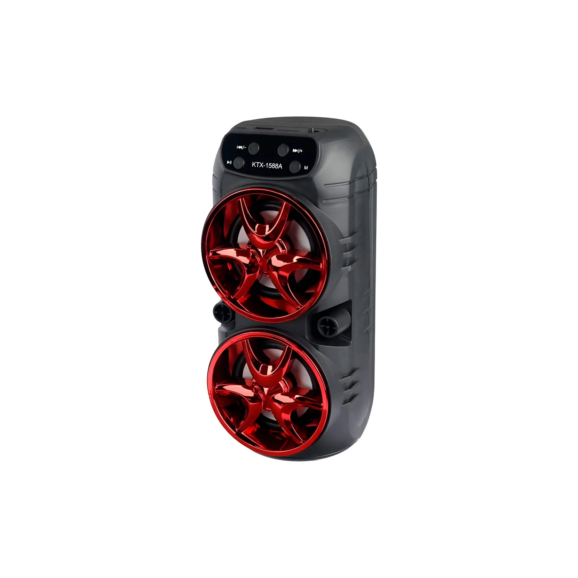 Bocina Bluetooth portátil GTS-1533 en color negro con dos altavoces frontales de acabado rojo brillante, diseñada para uso en reuniones y viajes.