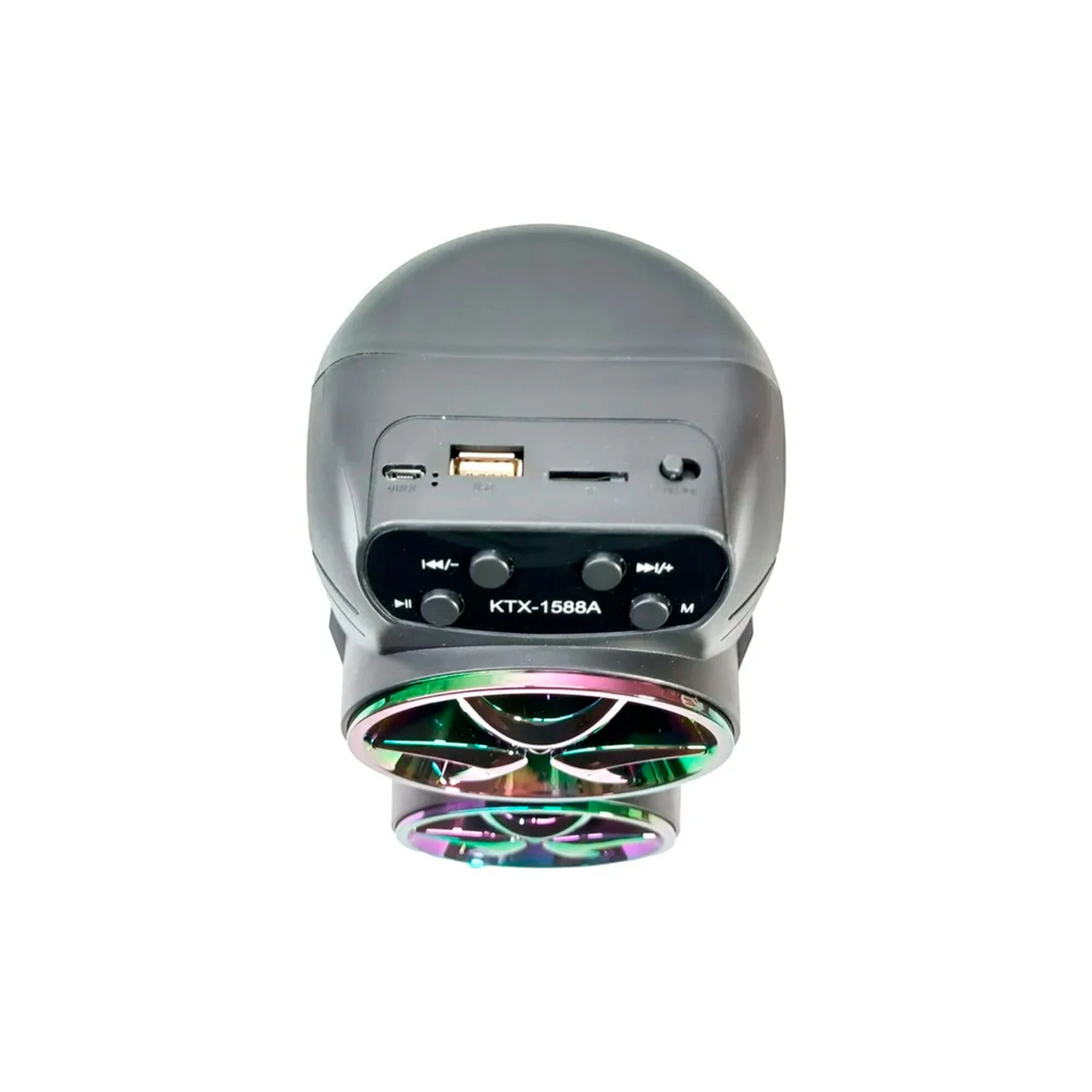 Bocina Bluetooth portátil gris con panel trasero visible, puertos USB y controles de volumen, luces LED multicolor en base. Modelo KTX-1588A.