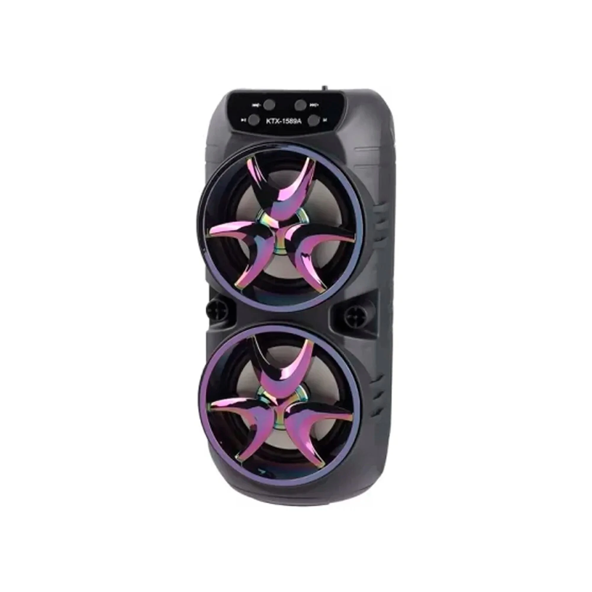 Bocina Bluetooth portátil negra con dos altavoces frontales de color iridiscente, modelo GTS-1533, ideal para reuniones y viajes.