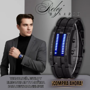 Reloj binario de acero inoxidable con pantalla LED azul, mostrado en uso sobre brazo masculino y en primer plano lateral.