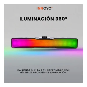 Barra de sonido KTS-1968 vista frontal con luces RGB en tonos vibrantes, mostrando iluminación 360 grados y diseño compacto para gaming.