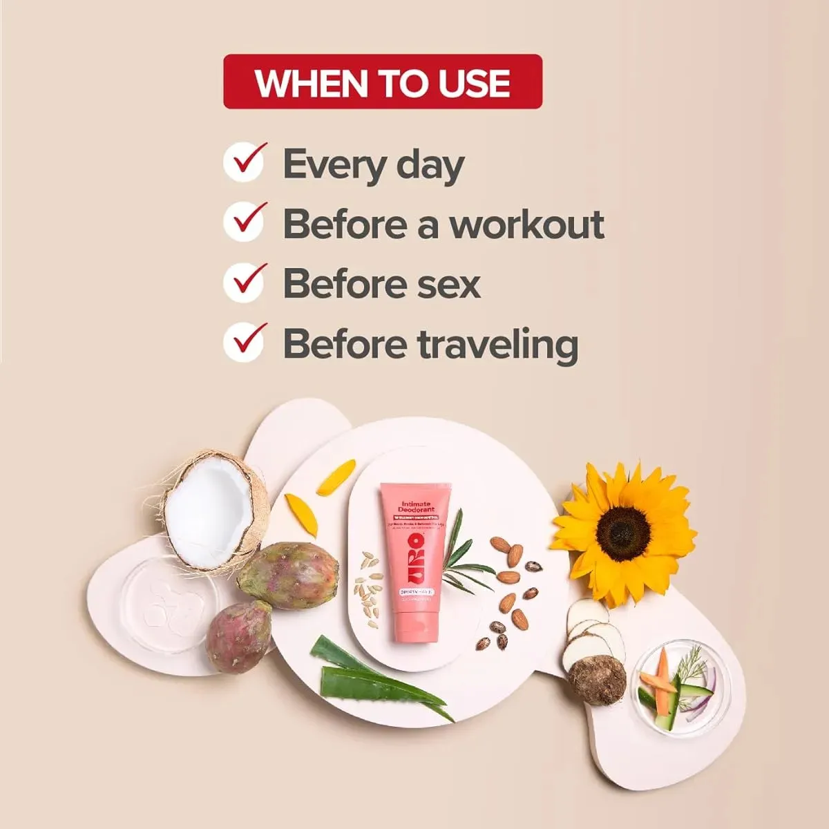 Set de dos cremas desodorantes íntimas en tubo rosa, acompañadas de ingredientes naturales como coco, aloe vera, girasol y semillas, sobre fondo beige claro con lista de usos recomendados.