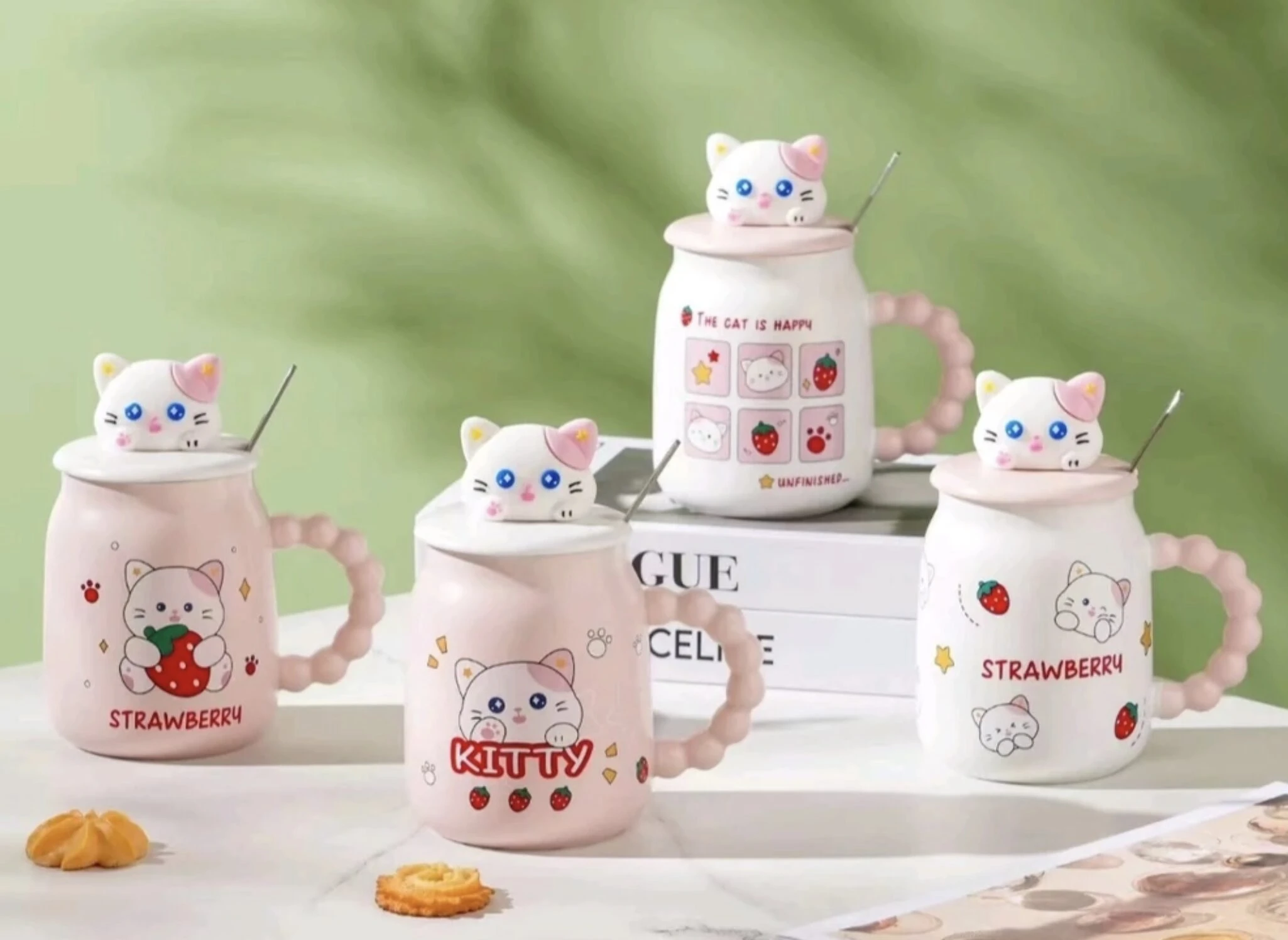 Taza mug gatito con fresas y tapa 3D - Conserva temperatura de bebidas calientes y frías