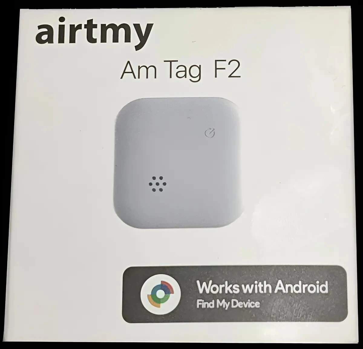 Localizador GPS Airtmy Am Tag F2 en caja blanca, dispositivo cuadrado gris claro con logotipo de Android Find My Device visible.