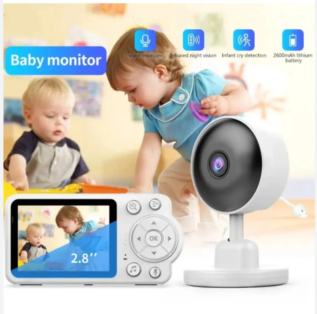 Monitor de bebé con pantalla de 2.8 pulgadas y cámara de visión nocturna, mostrando dos niños en la pantalla y detalles como detección de llanto y batería de 2600 mAh.