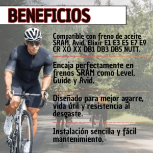 Ciclista en acción con set de pastillas de freno resina SRAM Avid, destacando compatibilidad con modelos Elixir, Level y Guide, y beneficios como agarre mejorado y resistencia al desgaste.