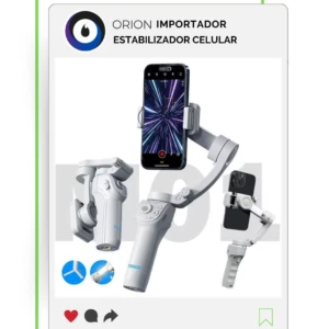 Gimbal Orion de tres ejes en color blanco, mostrando el dispositivo con smartphone montado y sus componentes desmontados para ilustrar su estructura y versatilidad.